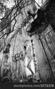 Young adult Caucasian nude woman standing in doorway of dilapidated structure in Maui.