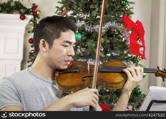 Young adult man playing the violin with Christmas tree in background
