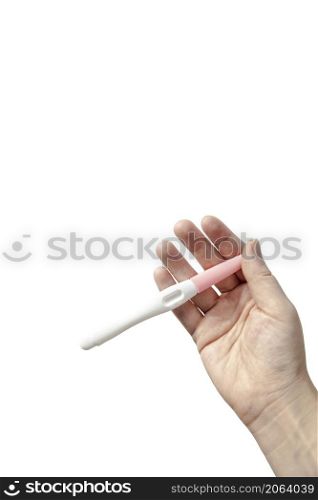 Young adult woman hands holding blank pregnancy test isolated on white background copy space, Childbirth, Family and Female concept space for text. Young adult woman hands holding blank pregnancy test isolated on white background copy space, Childbirth, Family and Female concept