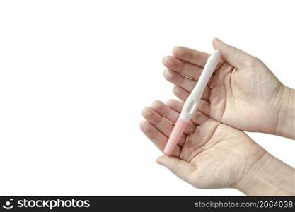 Young adult woman hands holding positive pregnancy test isolated on white background copy space, Childbirth, Family and Female concept space for text. Young adult woman hands holding positive pregnancy test isolated on white background copy space, Childbirth, Family and Female concept