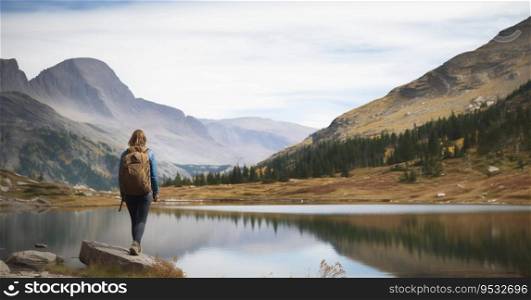 Young Adult Woman Hiker Walks Past Lake In Mountains