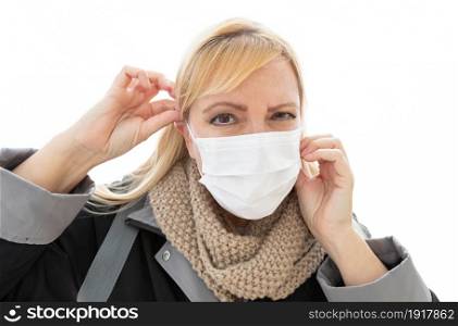 Young Adult Woman Wearing Face Mask Isolated on White Background.