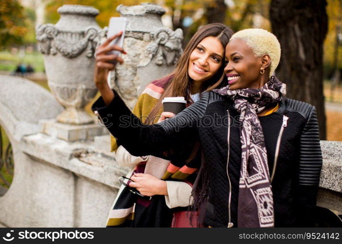 Young african american and caucasian women taking selfie outdoor