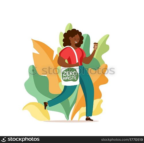 Young African American girl caring reusable cotton shopping bag vector illustration. Eco friendly lifestyle concept. Zero waste template for ecology, saving environment, plastic pollution design. Young African American girl caring reusable cotton shopping bag vector illustration.