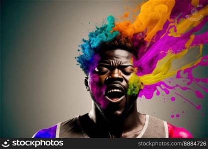 Young African American man with his head exploding in colorful paint powder in concept of midlife crisis and burnout problem . Creative danger design portrait. Peculiar AI generative image.. Young African American man with his head exploding in colorful paint powder