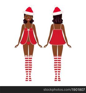 Young African American woman dressed in Christmas underwear. Front and back views. Vector illustration, Cartoon flat style