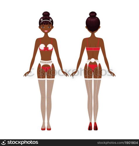 Young African American woman dressed in Christmas underwear. Front and back views. Cartoon flat style. Vector illustration