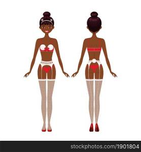 Young African American woman dressed in Christmas underwear. Front and back views. Cartoon flat style. Vector illustration