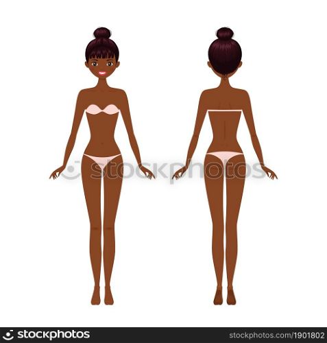 Young African American woman in underwear. Front and back views. Cartoon flat style. Vector illustration female, vector, figure, girl, woman, character, sexy, template, african, africa, african american, waist, illustration, body, model, cartoon, flat, background, design, isolated, women, human, anatomy, shape, beauty, standing, face, lady, front, back, bikini, person, nice, mockup, beautiful, people, adult, lingerie, underwear, young, slim, lack, bra, fitness, weight, swimsuit, beach, summer