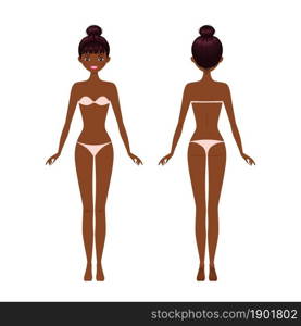 Young African American woman in underwear. Front and back views. Cartoon flat style. Vector illustration female, vector, figure, girl, woman, character, sexy, template, african, africa, african american, waist, illustration, body, model, cartoon, flat, background, design, isolated, women, human, anatomy, shape, beauty, standing, face, lady, front, back, bikini, person, nice, mockup, beautiful, people, adult, lingerie, underwear, young, slim, lack, bra, fitness, weight, swimsuit, beach, summer