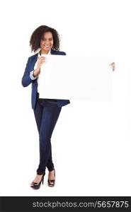 Young african american woman with blank signboard, isolated on white background