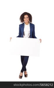 Young african american woman with blank signboard, isolated on white background