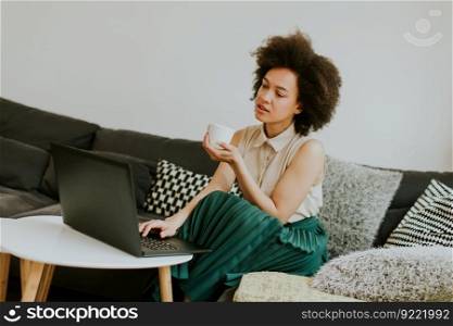 Young african american woman with laptop computer sitting in bright living room at home