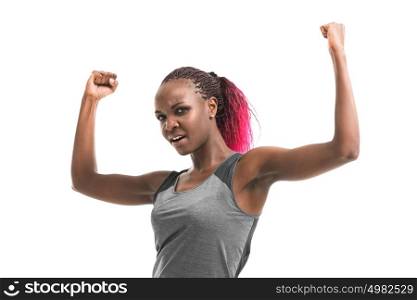 Young african athletic girl posing and showing muscles isolated on white background