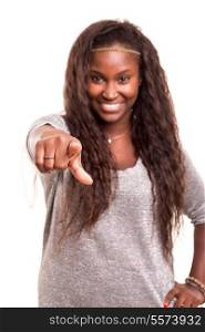 Young african beautiful woman pointing at you, isolated over white