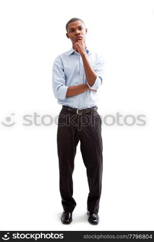 Young African business man standing relaxed and secure thinking, isolated