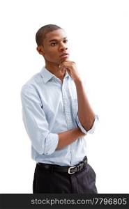 Young African business man standing relaxed and secure with hands on chin thinking, isolated