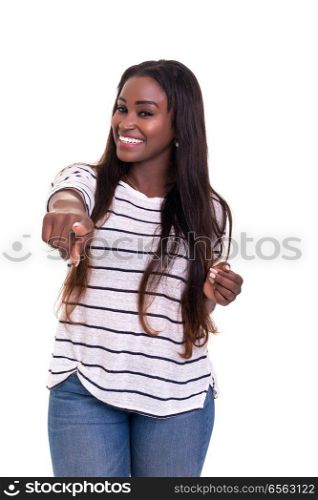 Young african business woman pointing at you, isolated over white