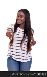 Young african business woman pointing at you, isolated over white