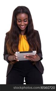 Young african business woman working with a laptop pc, isolated over white