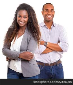 Young african couple smiling isolated over a white background