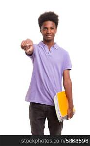 Young african student posing isolated over a white background