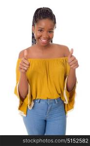 young african woman going thumbs up, isolated on white background