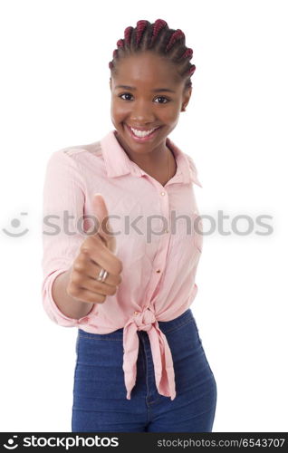 young african woman going thumbs up, isolated on white background. thumbs up girl