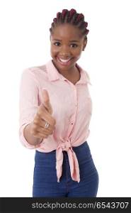 young african woman going thumbs up, isolated on white background. thumbs up girl