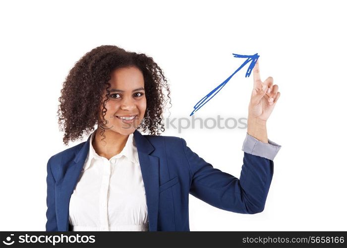 Young African woman illustrating growth on white background