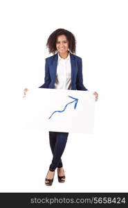 Young African woman illustrating growth on white background