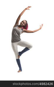 Young african woman practicing dancing isolated on white background