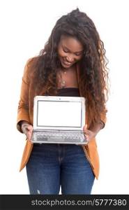Young african woman presenting your product on a laptop computer