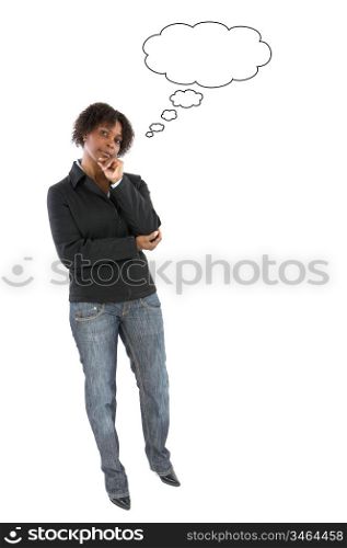 Young African woman think a over white background