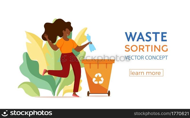 Young afro American woman throwing plastic garbage into containers vector illustration. Waste management concept with eco-friendly girl sorting waste into different tanks. Ecological infographic