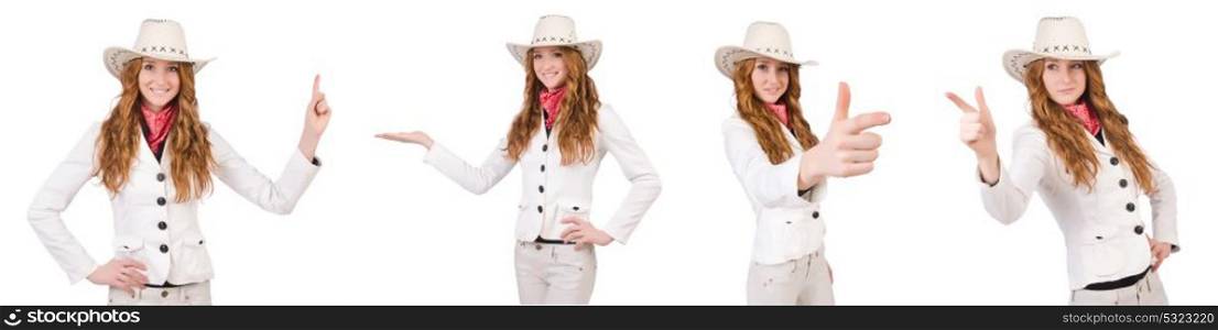 Young aiming cowgirl isolated on white