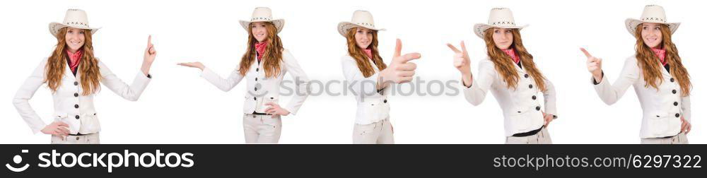 Young aiming cowgirl isolated on white