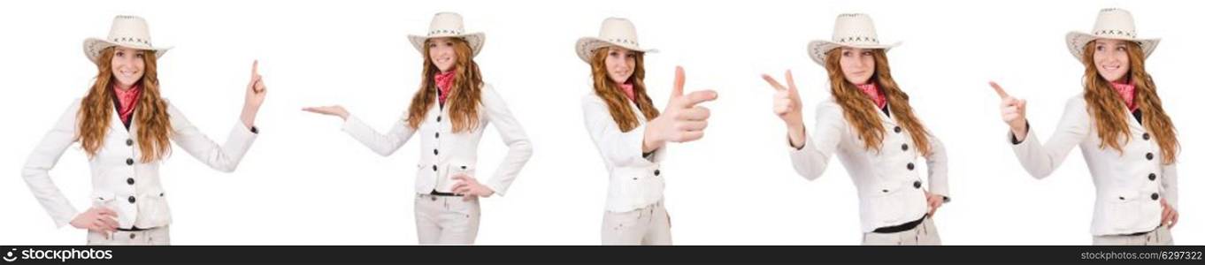 Young aiming cowgirl isolated on white