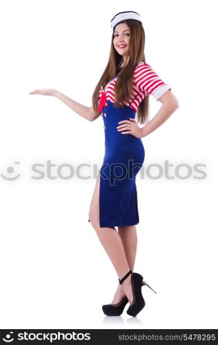 Young airhostess holding hands isolated on white