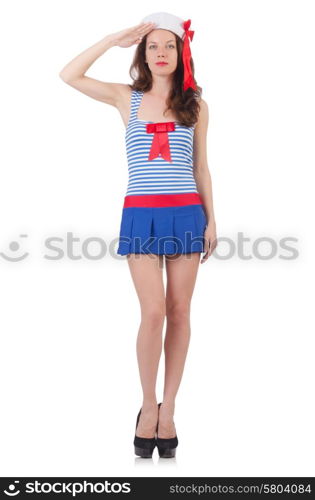 Young airhostess saluting isolated on white