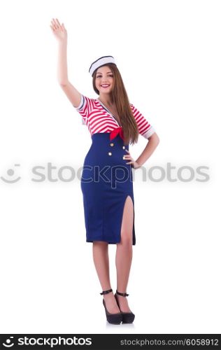 Young airhostess saluting isolated on white