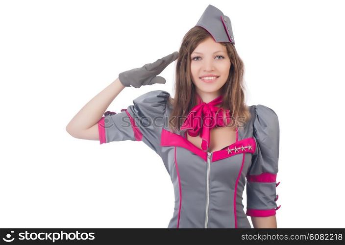 Young airhostess saluting isolated on white