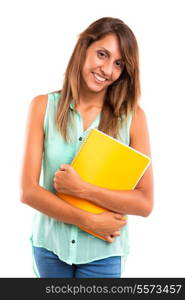 Young and beautiful asian student posing isolated over white