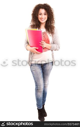 Young and beautiful asian student posing isolated over white