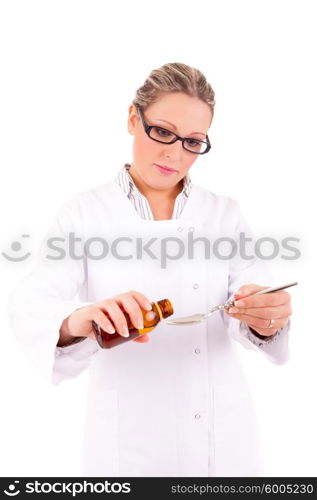 Young and beautiful doctor offering syrup