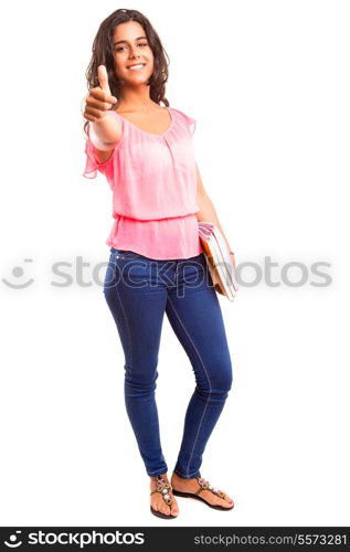 Young and beautiful student posing isolated over white