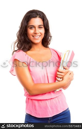 Young and beautiful student posing isolated over white