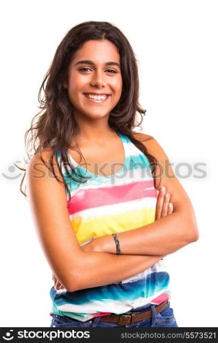 Young and beautiful student posing isolated over white