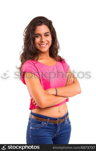 Young and beautiful student posing isolated over white