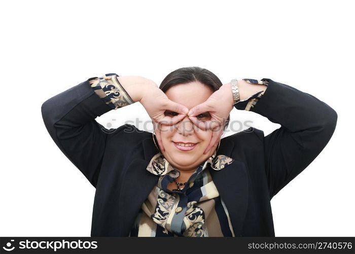young and funny businesswoman, with big eyes, on the white background